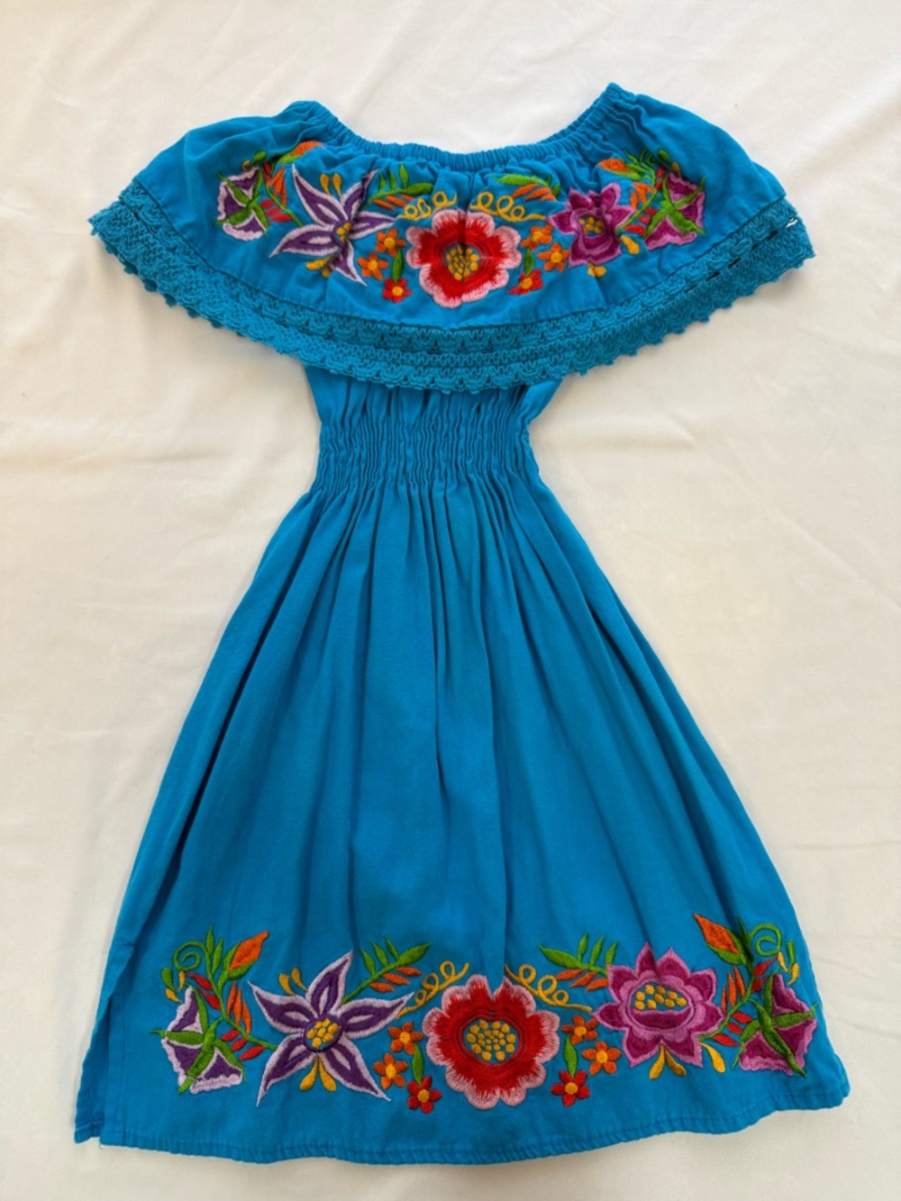 Girls Blue Embroidered Off-Shoulder Casual Dress